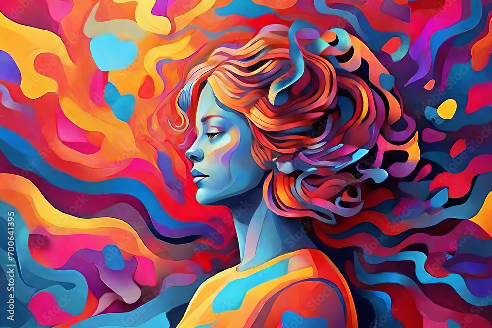 Vivid mental health art Person amidst auditory hallucination illustration on colorful backdrop. Ideal for mental health concepts and awareness