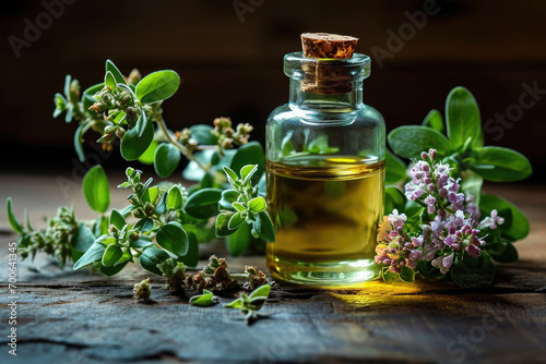 The oil in a glass bottle next to the herbs lies on a wooden table