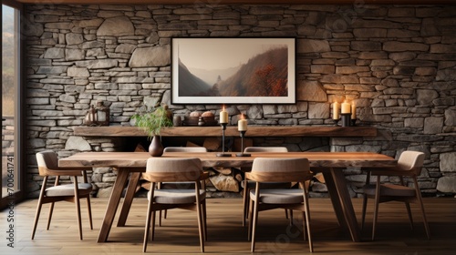 Rustic style dining room interior with wood and stone motif walls