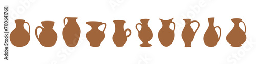 Set of different terracotta water jugs with handles pottery flat vectors