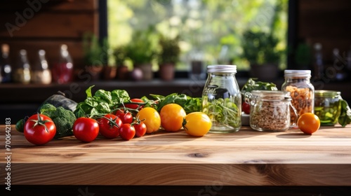 Wooden table with vegetables in the kitchen