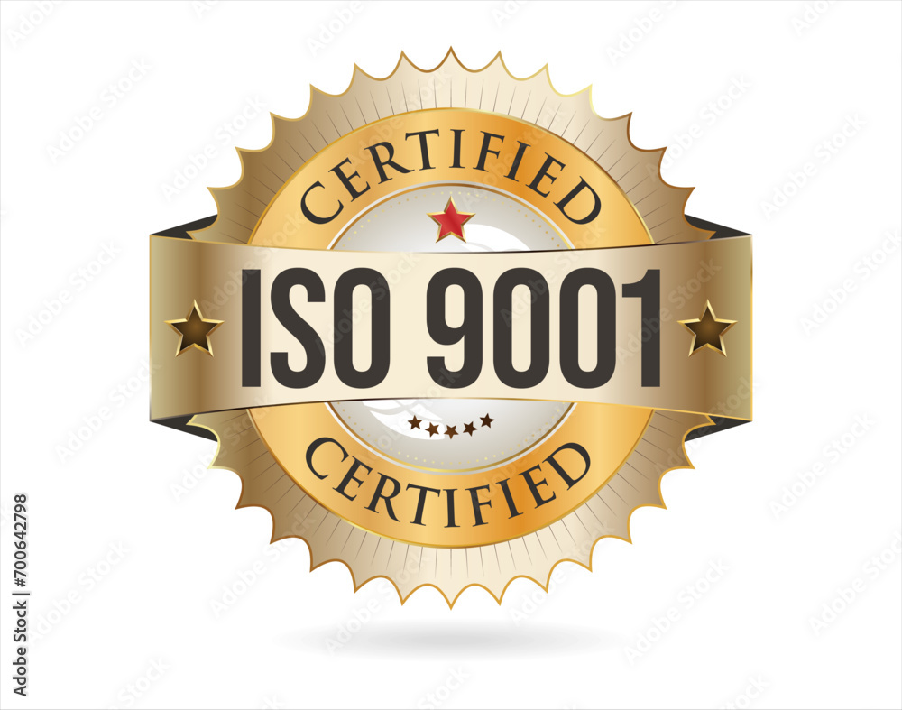 ISO 9001 certified golden badge vector illustration on white background ISO 9001 certified golden badge vector illustration on white background