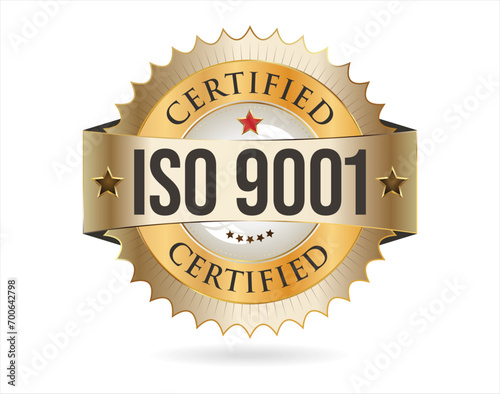 ISO 9001 certified golden badge vector illustration on white background 
