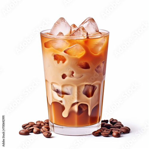Glass filled with delicious cold-coffee ice cubes with ice cubes on a white background