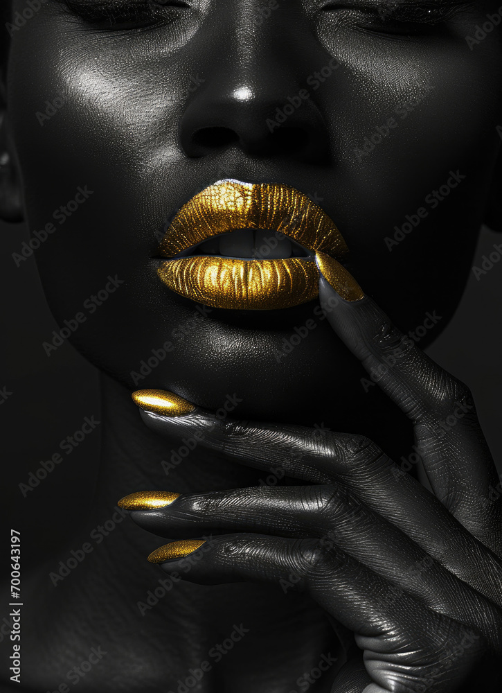 Black girl model with gold lips and gold manicure on black background Black girl model with gold lips and gold manicure on black background