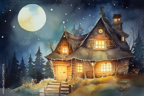 Watercolor painting of cozy home illuminated by lanterns beneath the night sky. Generative AI photo