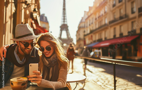 Couple taking selfie at Paris cafe with Eiffel Tower view. Shallow field of view. © henjon