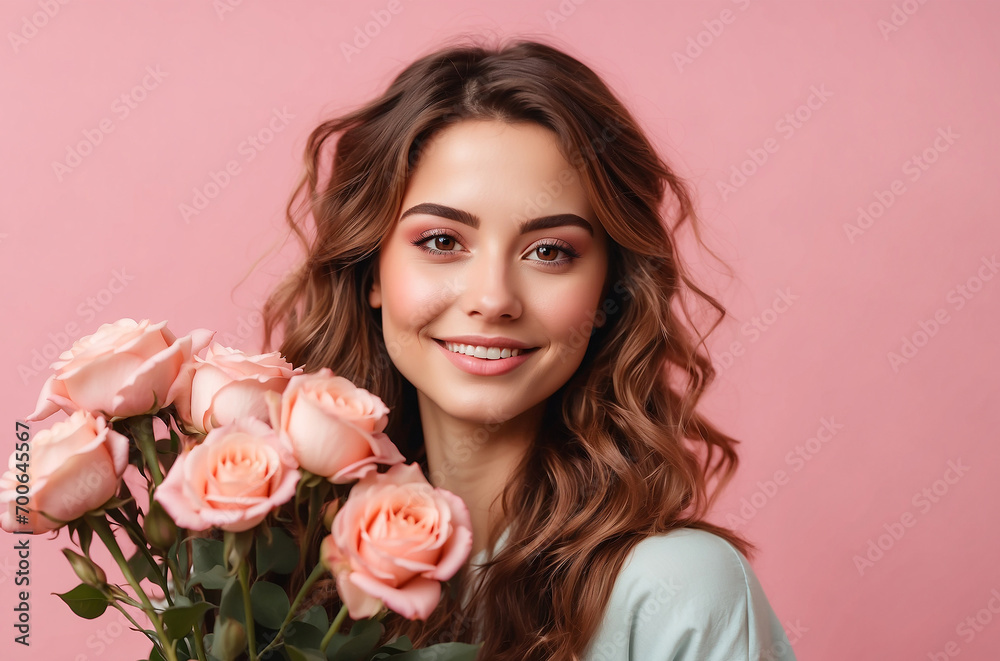 girl with pink roses smiling on pink background girl with pink roses smiling on pink background