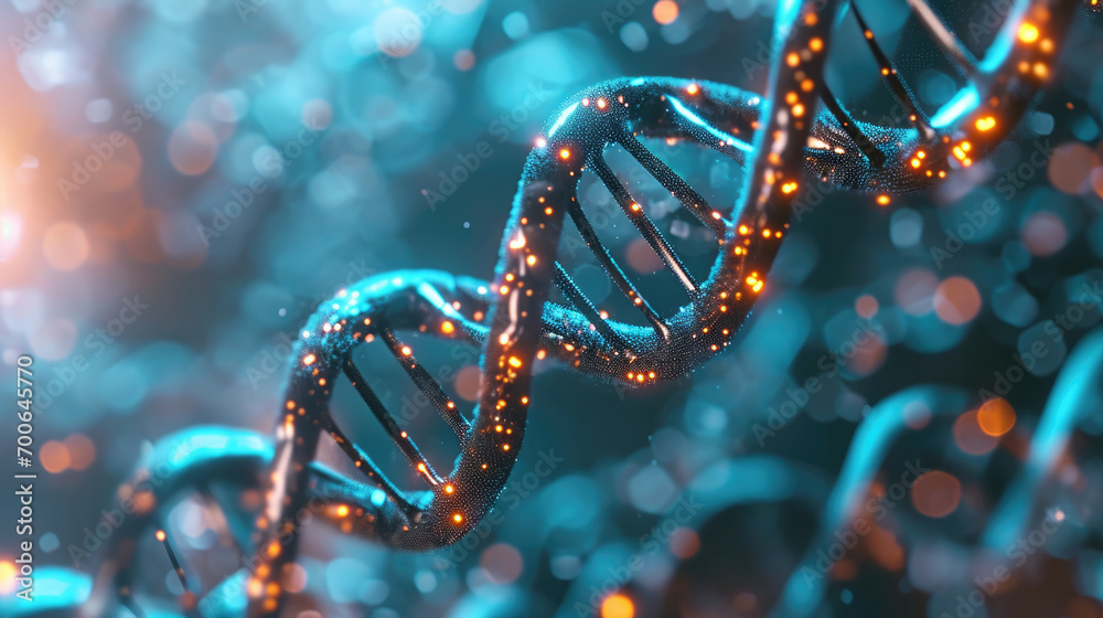 DNA strands under the microscope, with glowing neuronal connections in the human body DNA strands under the microscope, with glowing neuronal connections in the human body