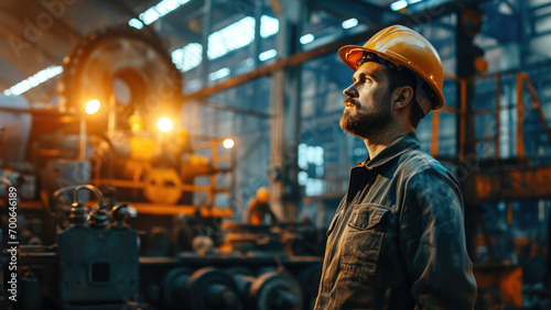 Portrait of a man in a construction helmet at work in a workshop at a factory