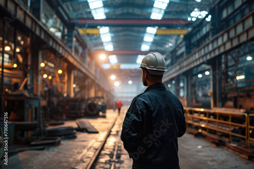 Portrait of a man in a construction helmet at work in a workshop at a factory