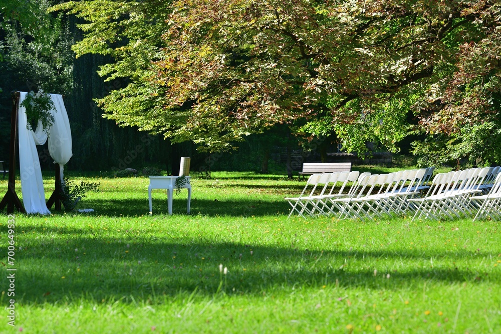 White wedding decoration in the forest park before the wedding