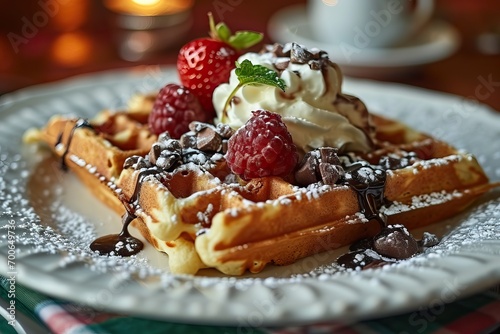 Delicious waffles with choc...