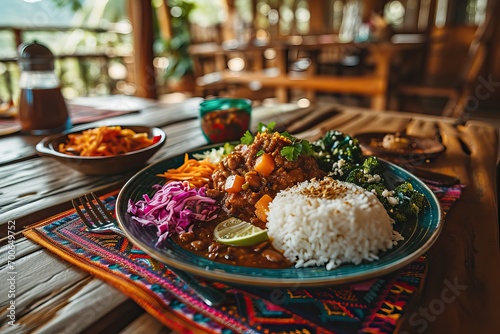 Delicious Mexican stew in a colorful dish on a beautiful ethnic tablecloth photo