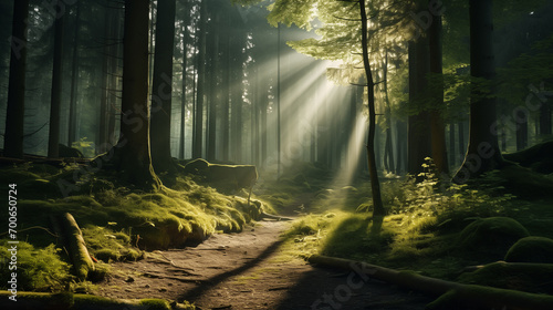Sunlight Shines Down Through Tall Trees in a Forest © UrbanOrigami