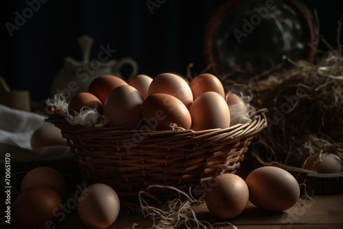 Close-up of homemade chicken eggs in a basket under soft lighting. Generative AI