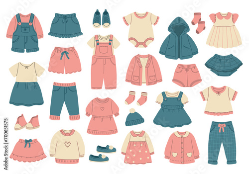 Modern kids clothes set. Fashion garments for girls. Collection of stylish casual children wearing. 