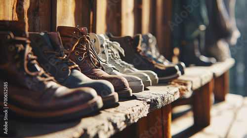classic leather brogues, casual white sneakers, and hiking boots, neatly arranged in a row on a wooden shelf photo