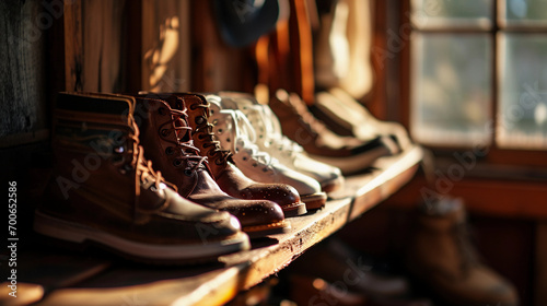 classic leather brogues, casual white sneakers, and hiking boots, neatly arranged in a row on a wooden shelf