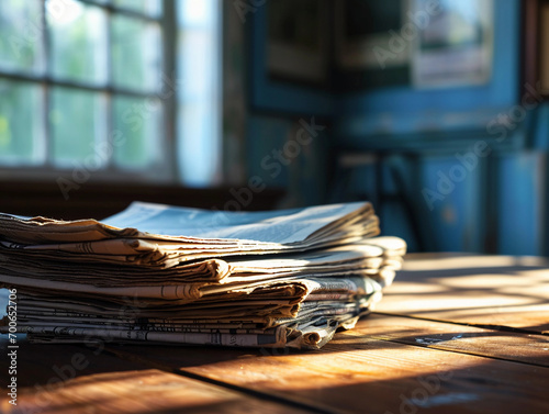 newspapers on a wooden table, morning light streaming through the window, headlines about a historical event visible, shallow depth of field