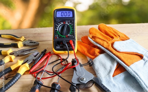 Digital multimeter and instrument tools of electrician isolated on a blurred tree background. photo