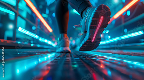 smart running shoes with embedded LEDs and sensors, on a tech-infused treadmill, ambient neon lighting photo