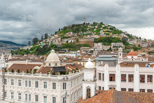 Photography Aerial Quito historic city center with dramatic clouds, Ecuador.