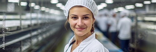 Food industry, a girl in a white coat and a protective cap on the background of a blurred food production workshop, food quality control, banner
