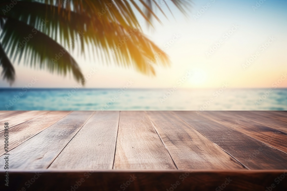 Summer Table And Sea With Blurred Leaves Palm And Defocused Bokeh Light On Ocean - Wooden Plank In Abstract Landscape Summer Table And Sea With Blurred Leaves Palm And Defocused Bokeh Light On Ocean - Wooden Plank In Abstract Landscape