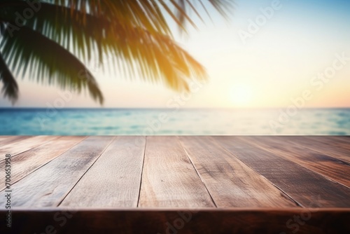 Summer Table And Sea With Blurred Leaves Palm And Defocused Bokeh Light On Ocean - Wooden Plank In Abstract Landscape
