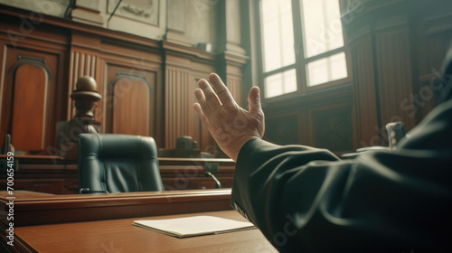 Courtroom  close-up of a lawyer s hand against the background of judges
