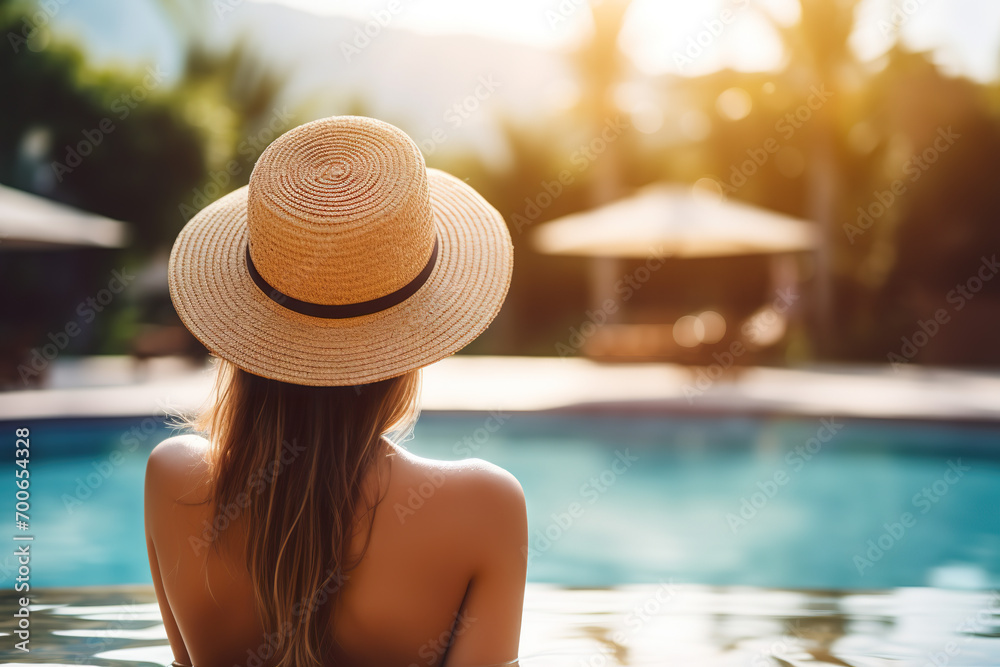 Secret Sanctuary: A Woman in a Stylish Hat Enjoying Poolside Privacy