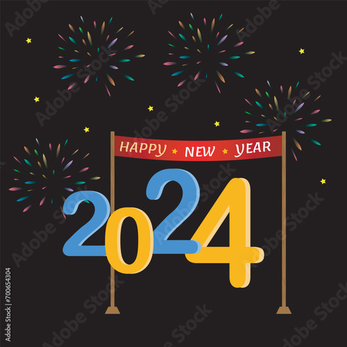 Happy New Year 2024 fireworks celebration wood stand and banner typography