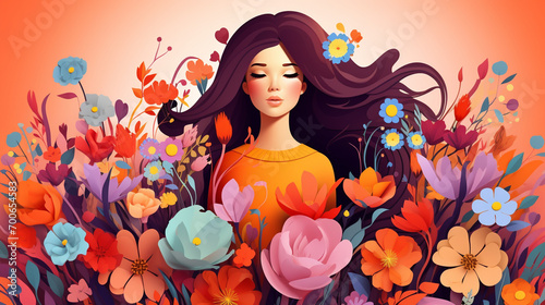 International Women's Day design. Illustration of a lady covered with lots of flowers.March 8 poster background.