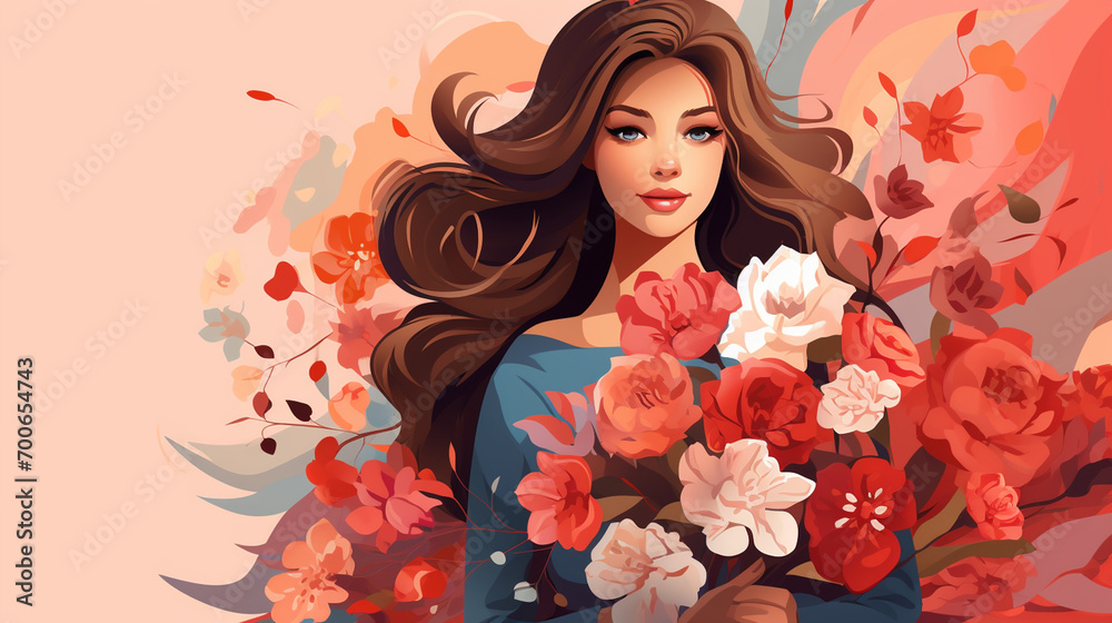 International Women's Day design. Illustration of a lady covered with lots of flowers.March 8 poster background.