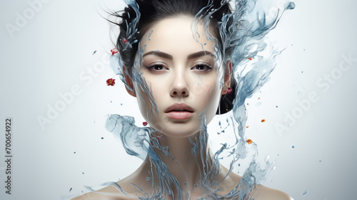  Asian Woman Portrait Illustrating the Effects of a Face Lift Anti-Aging Treatment, Graphic Lines Showcase the Uplifting Transformation on the Skin, Presented in an Isolated Setting  photo
