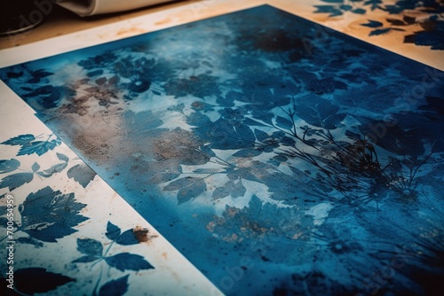 Cyanotype workshop graphic print design, blue and white colors with floral, natural elements.