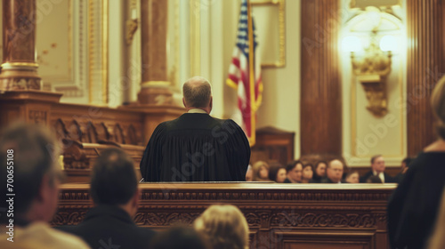 The judge addresses the jury in a rear view photo
