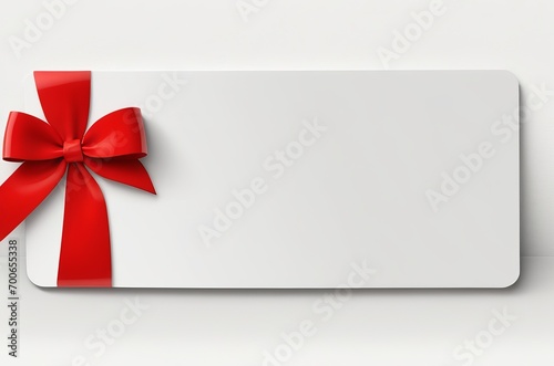 3D Rendering of Blank Gift Card with Red Rope Bow, Isolated on White Background with Subtle Shadow. Generative AI.