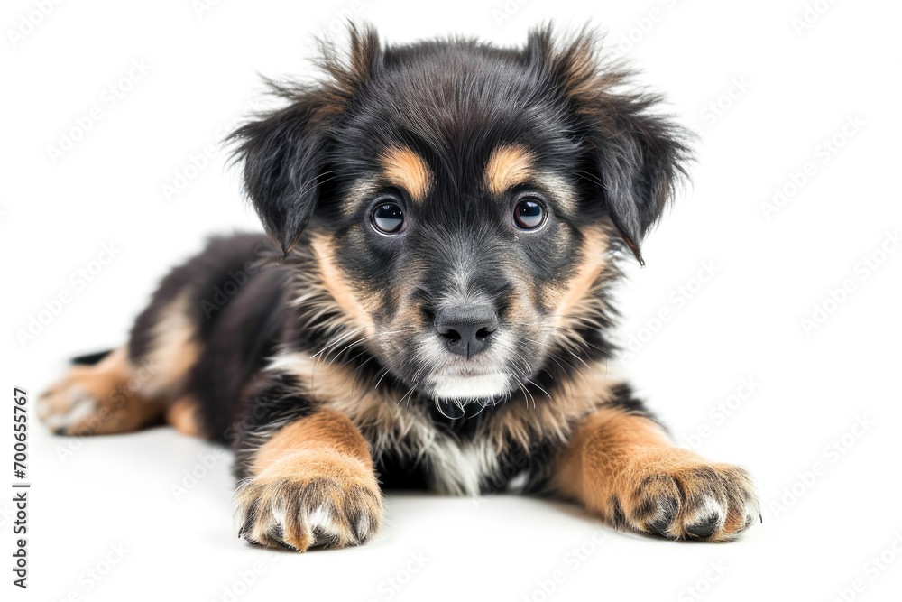 a black and brown puppy laying down on a white background