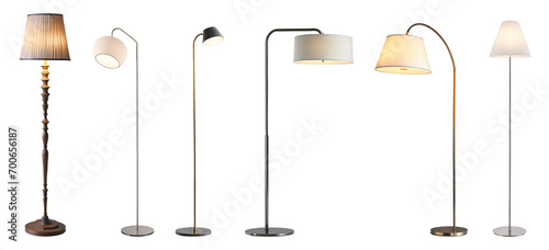 Set of various decorative modern floor lamps isolated on transparent background. Generative AI photo