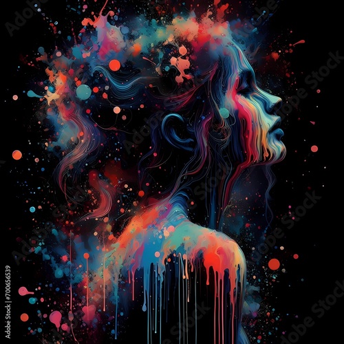 colorful image of a woman in splashed color water ink theme, couple, colorful, staring, water-ink, splash, woman, face, art, fashion, illustration, glamour