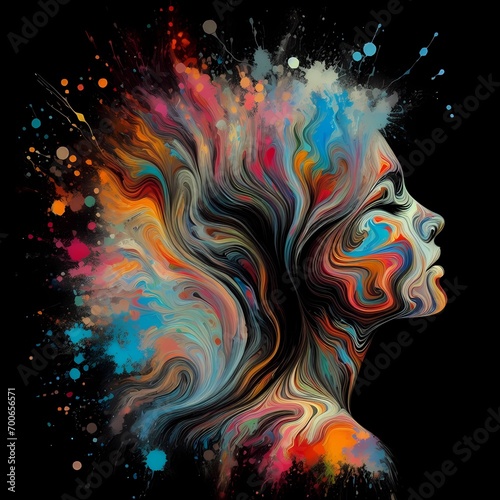 colorful image of a woman in splashed color water ink theme, couple, colorful, staring, water-ink, splash, woman, face, art, fashion, illustration, glamour © shk