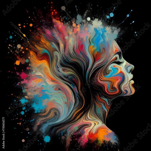 colorful image of a woman in splashed color water ink theme, couple, colorful, staring, water-ink, splash, woman, face, art, fashion, illustration, glamour