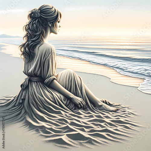 woman made of sand sitting on a sand beach