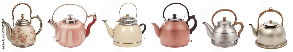 Set collection of beautiful vintage tea kettle pots isolated on transparent background. Generative AI