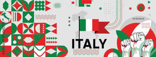 Italy national or independence day banner for celebration. Flag and map of Italy with raised fists. Modern retro design with typorgaphy abstract geometric icons. Vector illustration photo