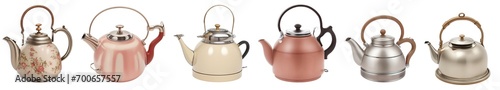 Set collection of beautiful vintage tea kettle pots isolated on transparent background. Generative AI