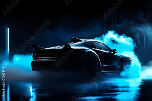 The drift of a sports car. Dark background with blue smoke. AI