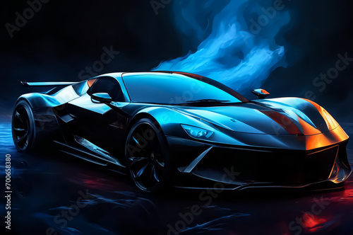 The drift of a sports car. Dark background with blue smoke. AI © IM_VISUAL_ARTIST